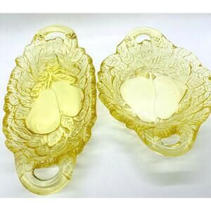 Yellow Mist Sweet Pear Avocado Tiara Indiana Glass Handled Serving Dish Set VTG